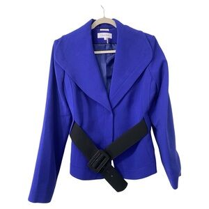 Calvin Klein Women's Royal Blue Blazer with Black Belt Size 12 Wide Lapel